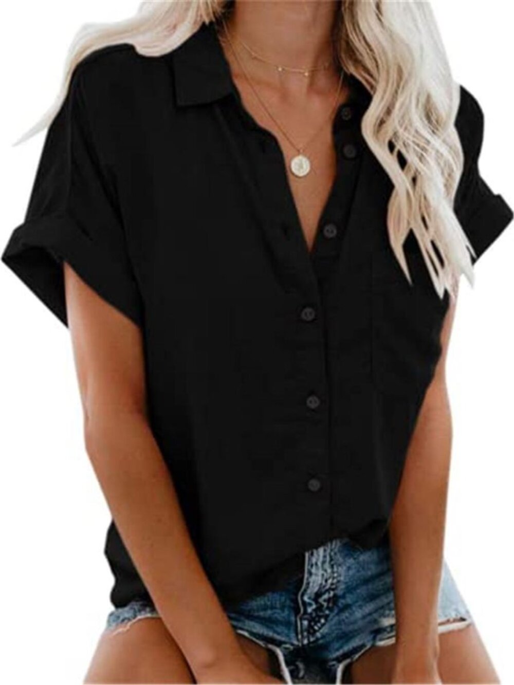Womens Cotton Linen Button Down Shirt Short Sleeve V Neck Summer Top Pocket